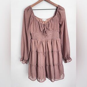 Anthropologie By the River Brown dot smocked babydoll Dress tiered long sleeve M